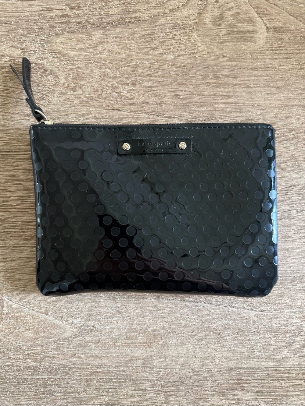 kate spade Black Patent Dot Zip Pouch with Logo Plaque